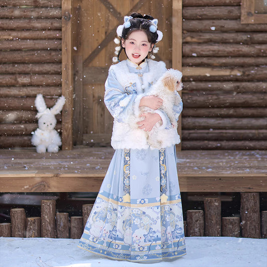 Ming Dynasty Girl's Mamian Skirt Yunduo 云朵 Children's Traditional Chinese Clothing Lunar New Year Velvet Hanfu Suit