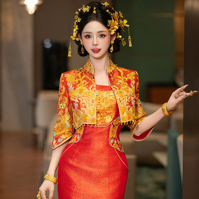 Wedding Qipao Chinese Clothes Fengwu 凤舞 Women's Modern Gown Tea Ceremony Dress Hanfu Cheongsam