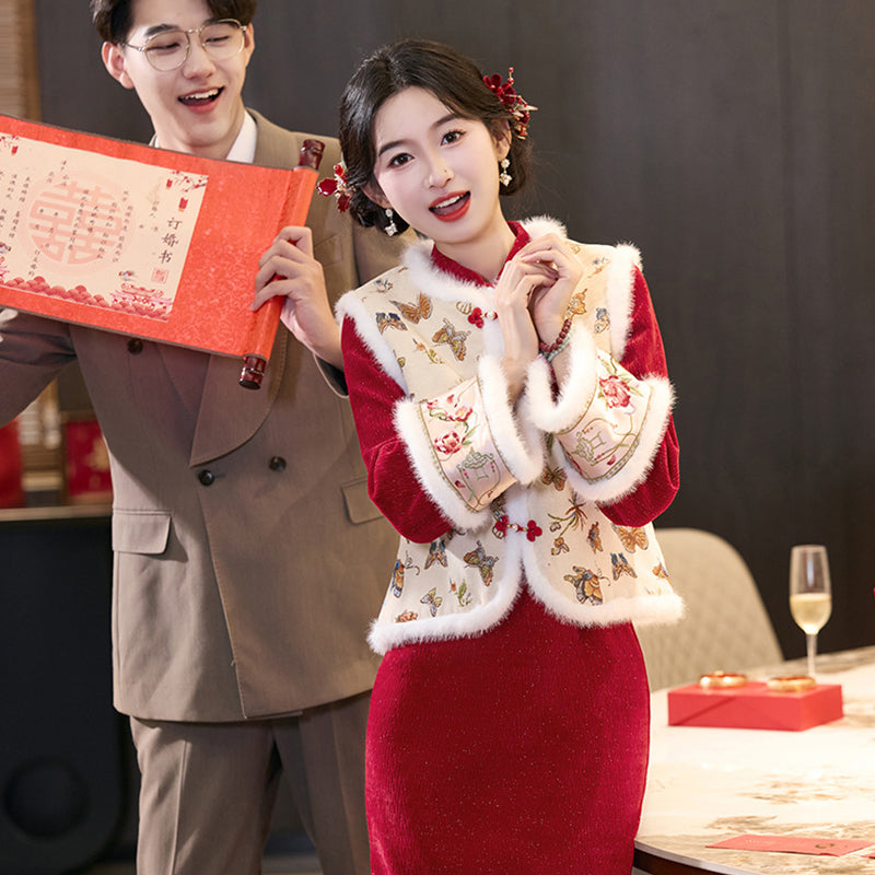 Wedding Qipao Chinese Clothes Qianhua 浅画 Women's Velvet Modern Gown Tea Ceremony Dress Hanfu Cheongsam