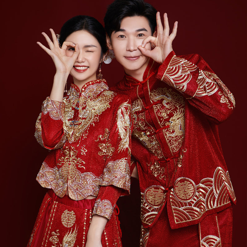 Chinese Wedding Long Sleeves Men Women Bainianhaohe 百年好合 Attire