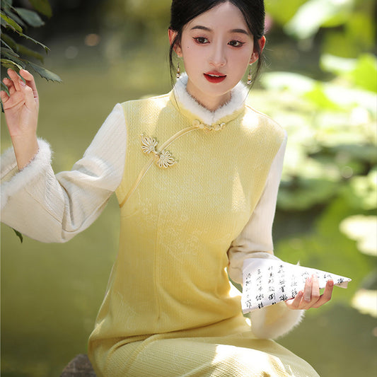 Women's Qipao Dongyun 冬韵 Asian Thicken Dress Chinese Modern Hanfu Clothing Velvet Cheongsam Winter