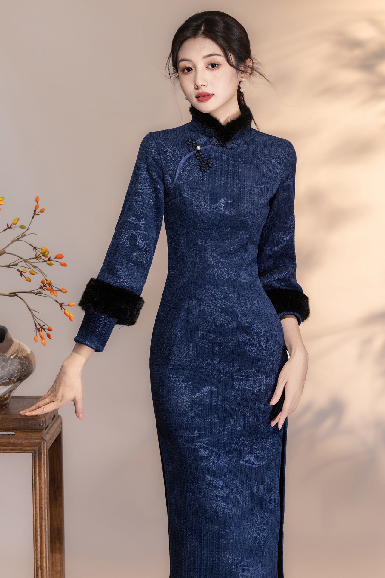 Women's Qipao Tingtai 亭台 Asian Thicken Dress Chinese Modern Hanfu Clothing Velvet Cheongsam Winter