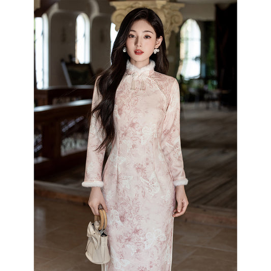 Women's Qipao Huadie 化蝶 Asian Thicken Dress Chinese Modern Hanfu Clothing Velvet Cheongsam Winter