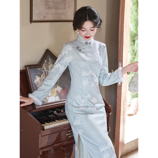 Women's Qipao Xinghua 星华 Asian Thicken Dress Chinese Modern Hanfu Clothing Velvet Cheongsam Winter