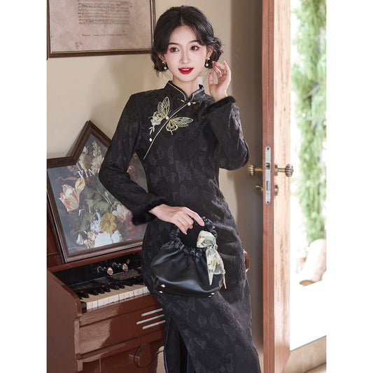 Women's Qipao Jindiexiu 金蝶绣 Asian Dress Chinese Thicken Modern Hanfu Clothing Velvet Cheongsam