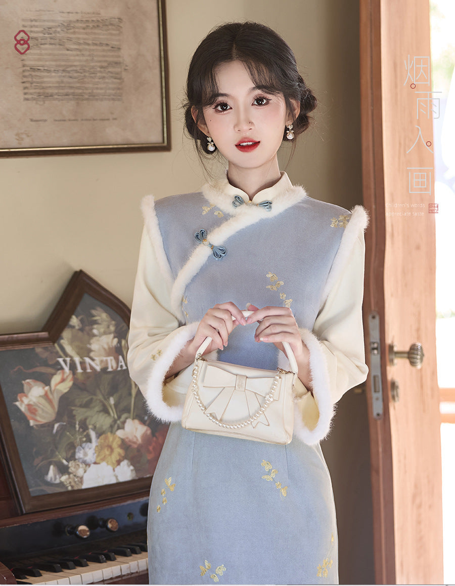 Women's Qipao Xiaohuanghua 小黄花 Asian Thicken Dress Chinese Modern Hanfu Clothing Velvet Cheongsam Winter