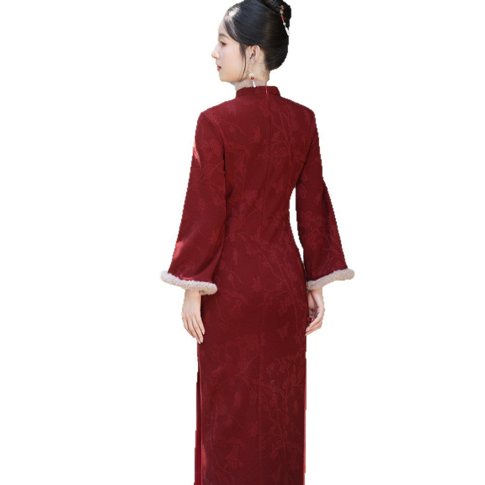 Women's Qipao Cijiu 辞旧 Asian Thicken Dress Chinese Modern Hanfu Clothing Velvet Cheongsam Winter