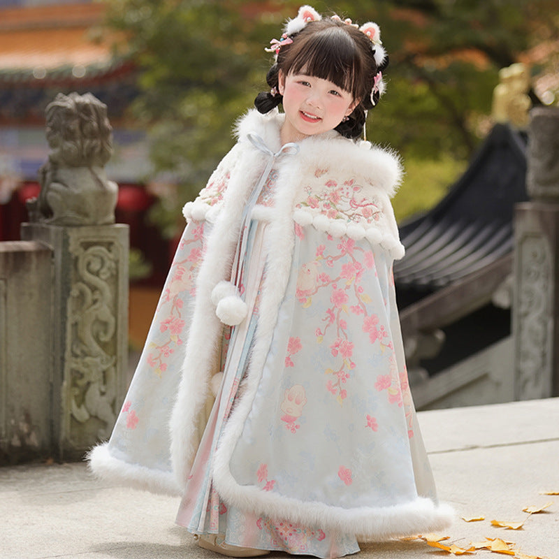 Tang Dynasty Girl Velvet Ruqun Huatianhaitang 花田海棠 Children's Chinese Traditional Clothing Hanfu Suit