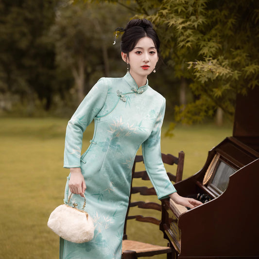 Chinese Modern Women's Qipao Dress Jinxin 锦心 Clothing Traditional Cheongsam Autumn Winter Velvet Long Sleeves
