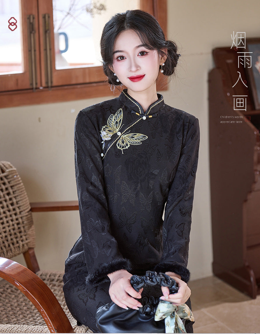 Women's Qipao Jindiexiu 金蝶绣 Asian Dress Chinese Thicken Modern Hanfu Clothing Velvet Cheongsam