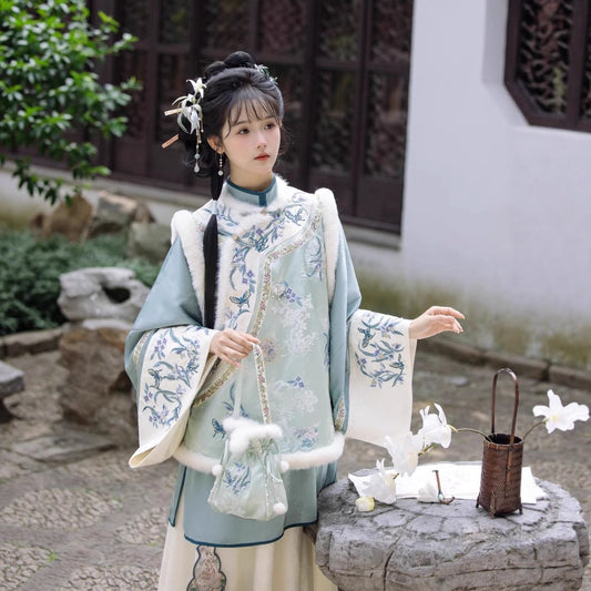 Qing Dynasty Clothing Languinvshu 兰闺女书 Women's Chinese Traditional Velvet Thicken Hanfu Autumn Winter
