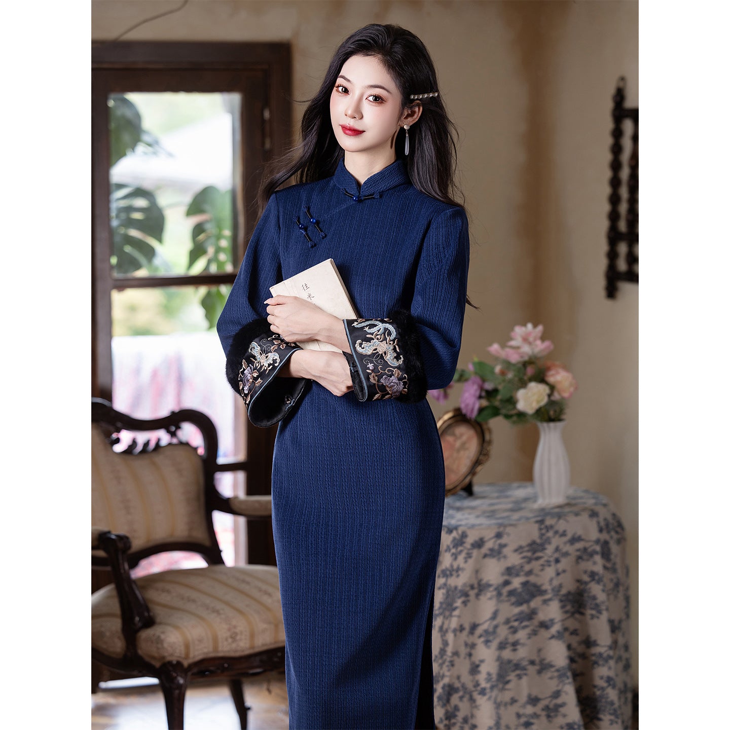 Women's Qipao Shixu 时叙 Asian Thicken Dress Chinese Modern Hanfu Clothing Velvet Cheongsam Winter