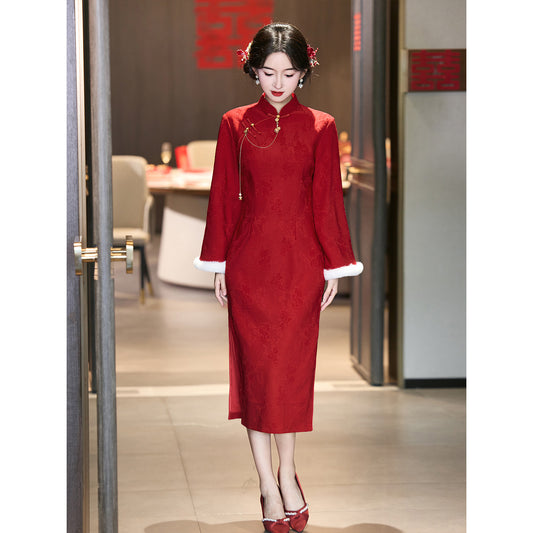 Wedding Qipao Chinese Clothes Hongyan 红颜 Women's Modern Gown Tea Ceremony Dress Hanfu Cheongsam