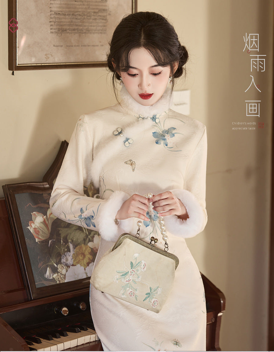 Women's Qipao Landiexue 蓝蝶雪 Asian Thicken Dress Chinese Modern Hanfu Clothing Velvet Cheongsam Winter