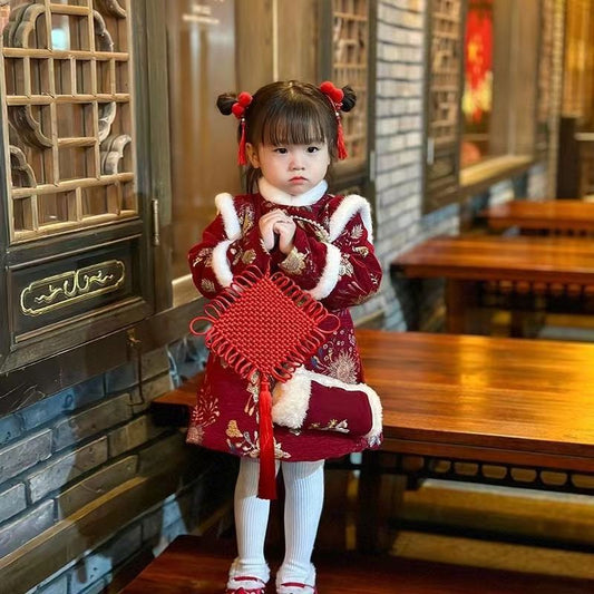 Children's Chinese New Year Pearl 珍珠 Plush Suit Hanfu Clothing Winter