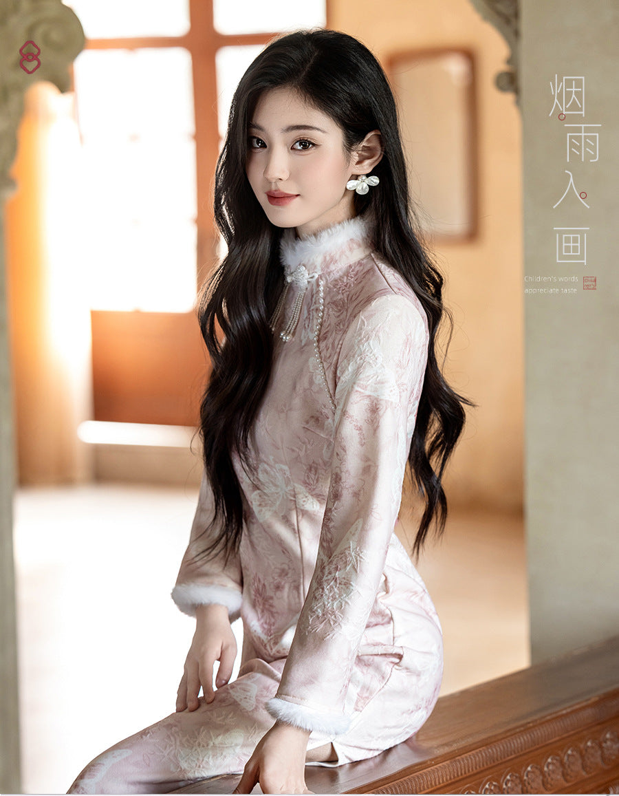 Women's Qipao Huadie 化蝶 Asian Thicken Dress Chinese Modern Hanfu Clothing Velvet Cheongsam Winter