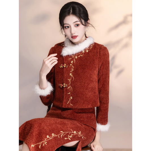 Women's Qipao Fengyin 风吟 Asian Thicken Dress Chinese Modern Hanfu Clothing Velvet Cheongsam Winter