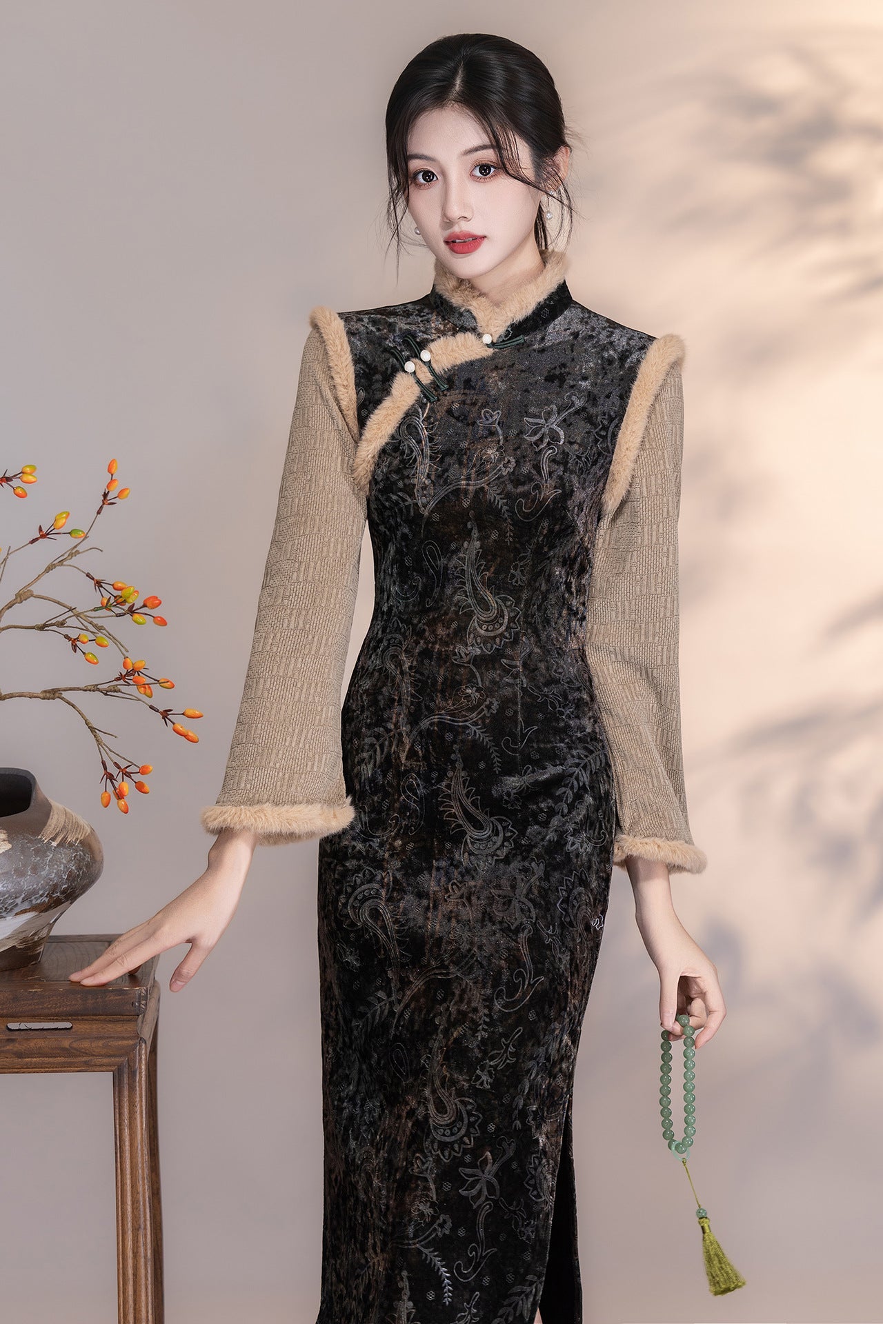 Women's Qipao Guitianle 归田乐 Asian Thicken Dress Chinese Modern Hanfu Clothing Velvet Cheongsam Winter