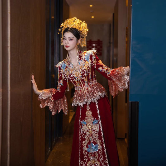 Women's Chinese Wedding Clothing Long Sleeves Qiong 琼 Attire
