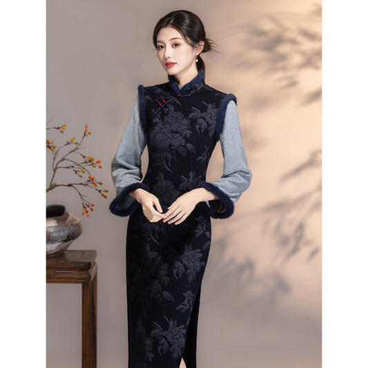 Women's Qipao Yuanwen 愿闻 Asian Thicken Dress Chinese Modern Hanfu Clothing Velvet Cheongsam Winter