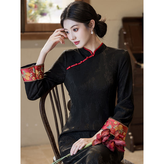 Women's Qipao Manyue 满月 Asian Dress Chinese Thicken Modern Hanfu Clothing Velvet Cheongsam Winter Autumn