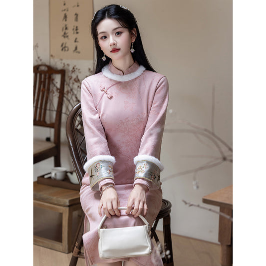 Women's Qipao Chayan 茶烟 Asian Thicken Dress Chinese Modern Hanfu Clothing Velvet Cheongsam Winter