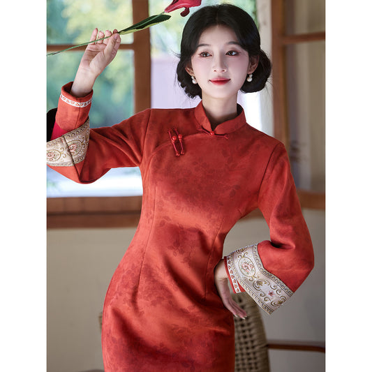 Women's Qipao Hexi 和熙 Asian Dress Chinese Thicken Modern Hanfu Clothing Velvet Cheongsam