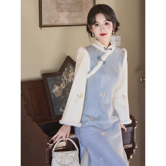 Women's Qipao Xiaohuanghua 小黄花 Asian Thicken Dress Chinese Modern Hanfu Clothing Velvet Cheongsam Winter