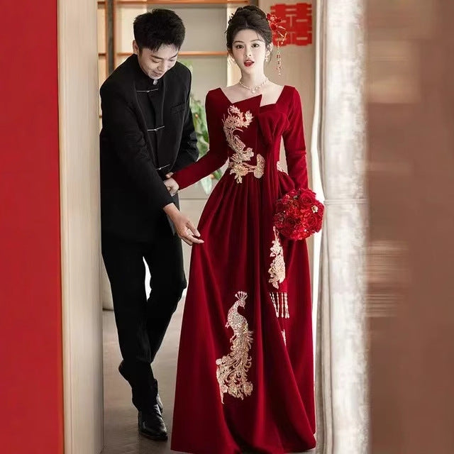 red chinese wedding dress modern Chinese Wedding Clothes Xiafeng 霞凤 Women's Modern Gown Tea Ceremony Dr – Li  Hanfu