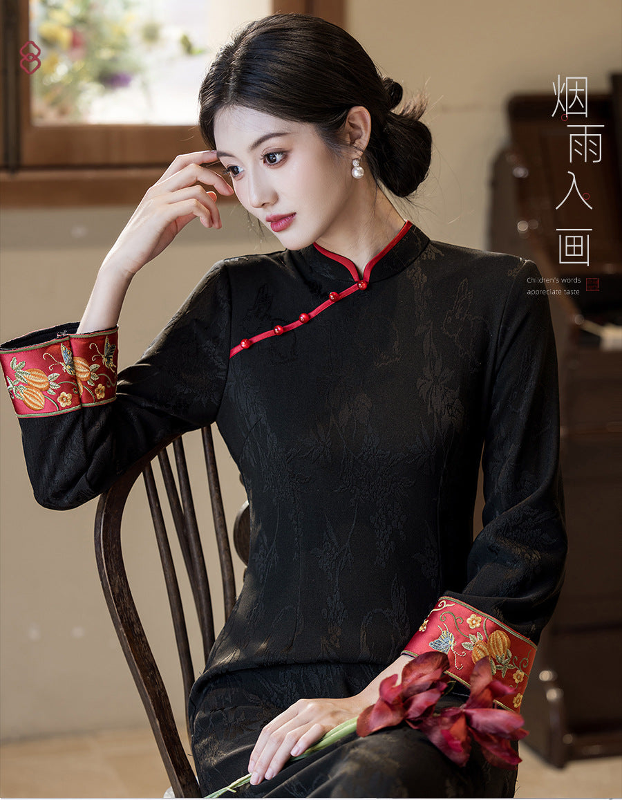 Women's Qipao Manyue 满月 Asian Dress Chinese Thicken Modern Hanfu Clothing Velvet Cheongsam Winter Autumn