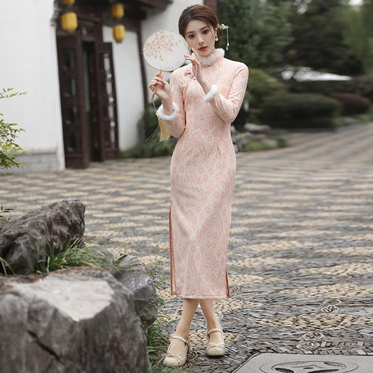 Chinese Modern Women's Qipao Dress Furongchang 芙蓉裳 Clothing Traditional Cheongsam Winter Thicken Velvet
