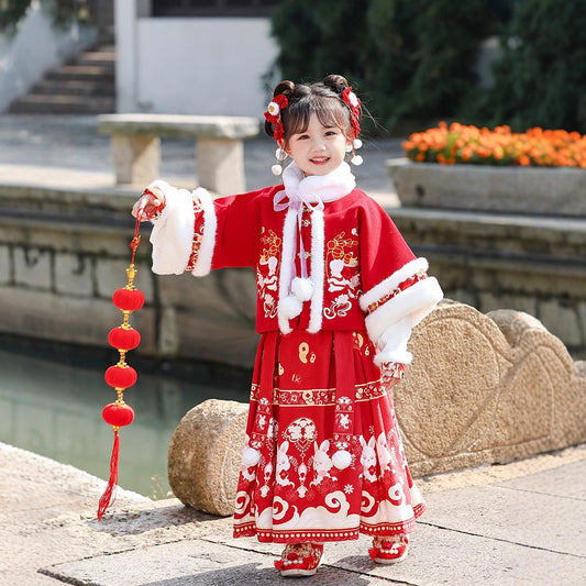 Children's Traditional Clothing Yutu 玉兔 Chinese Lunar New Year Velvet Hanfu Suit