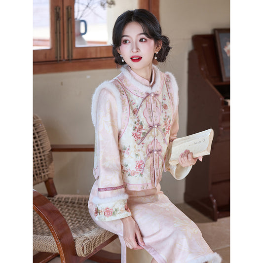 Women's Qipao Yuewanning 月腕凝 Asian Thicken Dress Chinese Modern Hanfu Clothing Velvet Cheongsam Winter