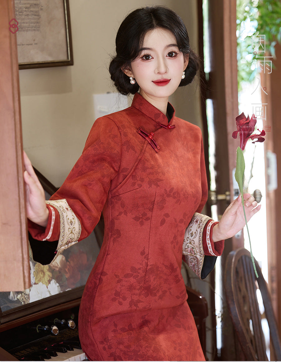 Women's Qipao Hexi 和熙 Asian Dress Chinese Thicken Modern Hanfu Clothing Velvet Cheongsam