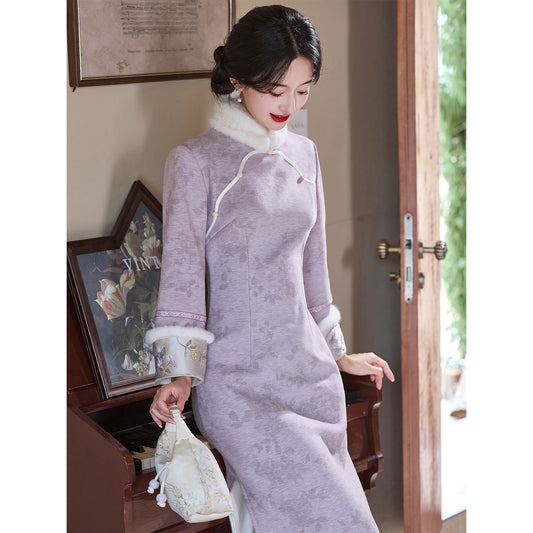 Women's Qipao Ziyan 紫颜 Asian Thicken Dress Chinese Modern Hanfu Clothing Velvet Cheongsam Winter
