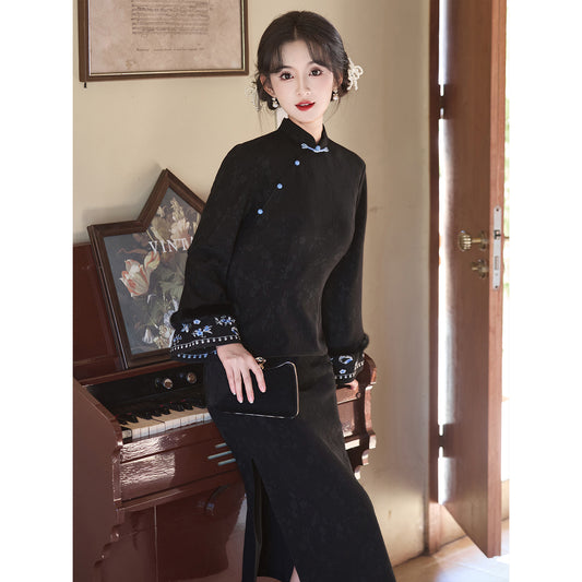 Women's Qipao Xueluo 雪落 Asian Thicken Dress Chinese Modern Hanfu Clothing Velvet Cheongsam Winter