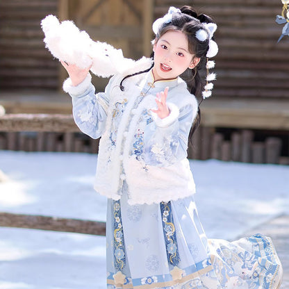 Ming Dynasty Girl's Mamian Skirt Yunduo 云朵 Children's Traditional Chinese Clothing  Lunar New Year Velvet Hanfu Suit