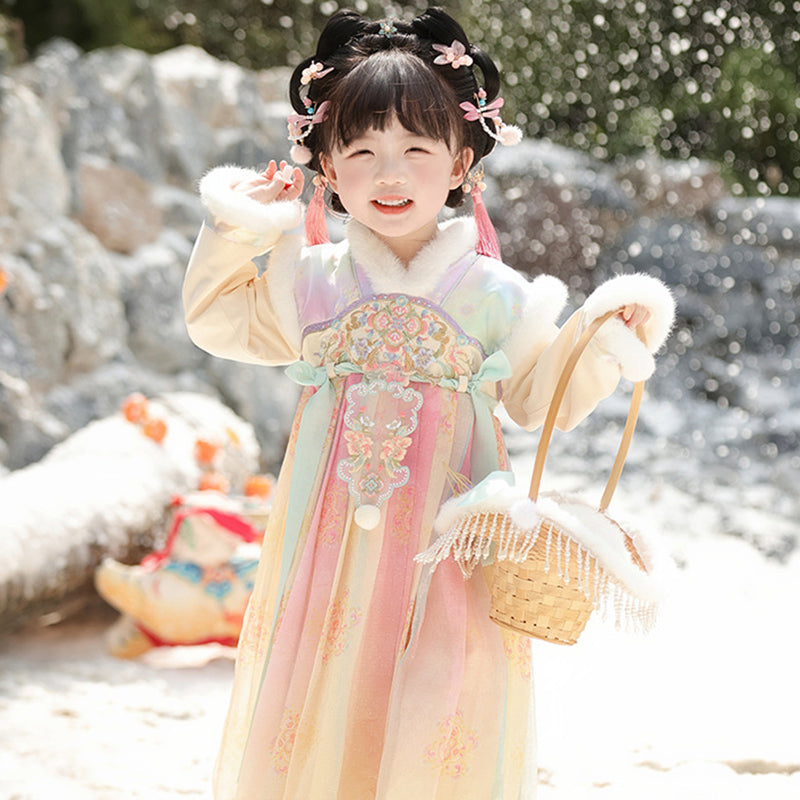 Tang Dynasty Girl Velvet Ruqun Huatianhaitang 花田海棠 Children's Chinese Traditional Clothing Hanfu Suit