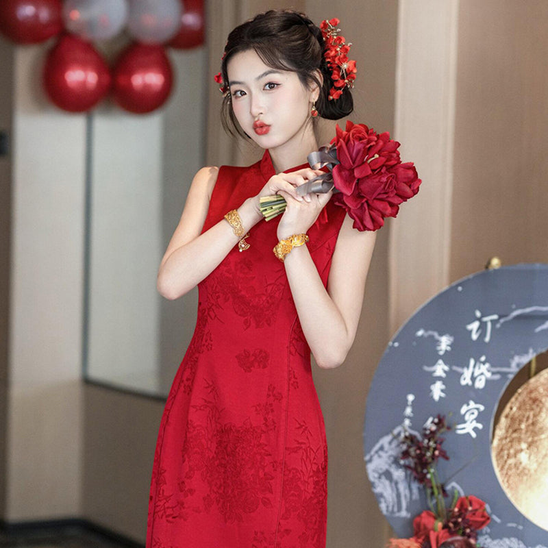 Wedding Qipao Chinese Clothes Hongzhu 红竹 Women's Modern Gown Tea Ceremony Dress Hanfu Cheongsam