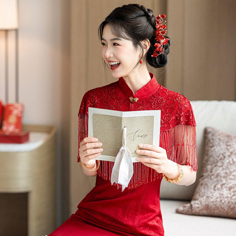 Wedding Qipao Chinese Clothes Hongzhu 红竹 Women's Modern Gown Tea Ceremony Dress Hanfu Cheongsam