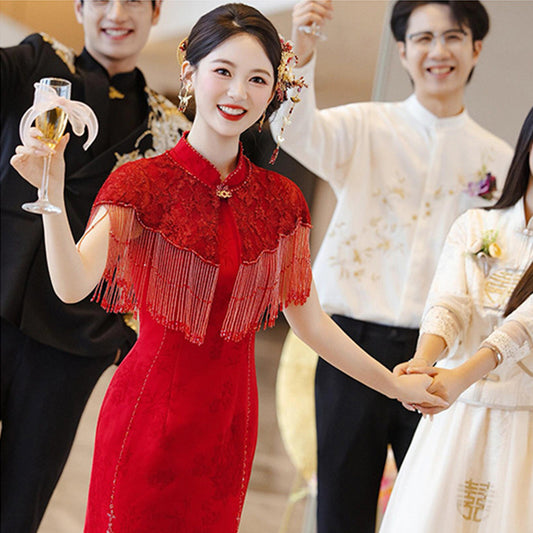 Wedding Qipao Chinese Clothes Hongzhu 红竹 Women's Modern Gown Tea Ceremony Dress Hanfu Cheongsam