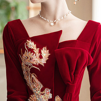 Chinese Wedding Clothes Xiafeng 霞凤 Women's Modern Gown Tea Ceremony Dress Hanfu