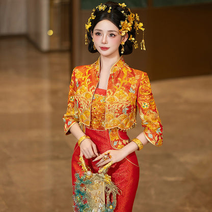 Wedding Qipao Chinese Clothes Fengwu 凤舞 Women's Modern Gown Tea Ceremony Dress Hanfu Cheongsam