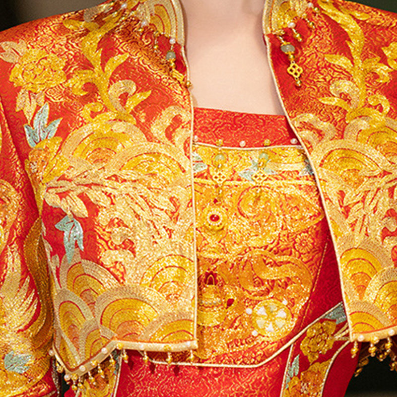 Wedding Qipao Chinese Clothes Fengwu 凤舞 Women's Modern Gown Tea Ceremony Dress Hanfu Cheongsam