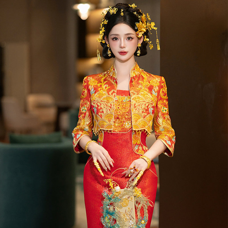 Wedding Qipao Chinese Clothes Fengwu 凤舞 Women's Modern Gown Tea Ceremony Dress Hanfu Cheongsam