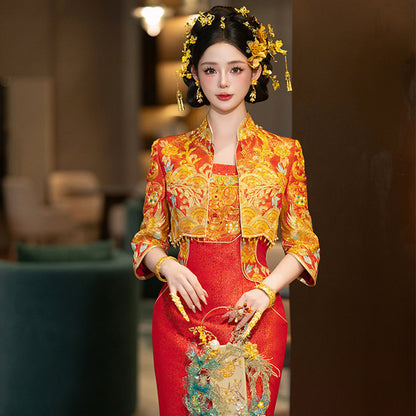 Wedding Qipao Chinese Clothes Fengwu 凤舞 Women's Modern Gown Tea Ceremony Dress Hanfu Cheongsam