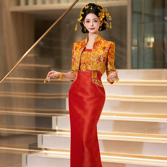 Wedding Qipao Chinese Clothes Fengwu 凤舞 Women's Modern Gown Tea Ceremony Dress Hanfu Cheongsam