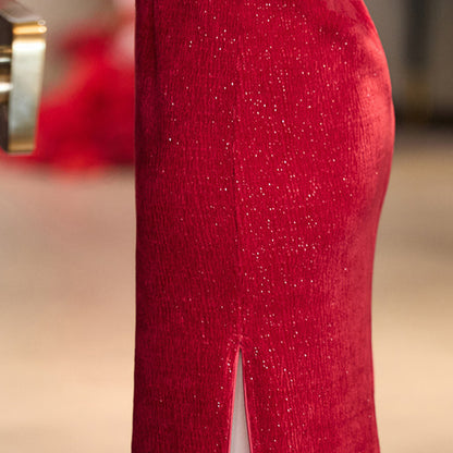 Wedding Qipao Chinese Clothes Qianhua 浅画 Women's Velvet Modern Gown Tea Ceremony Dress Hanfu Cheongsam