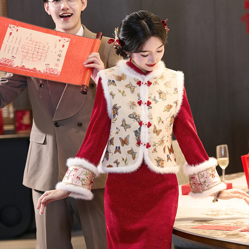 Wedding Qipao Chinese Clothes Qianhua 浅画 Women's Velvet Modern Gown Tea Ceremony Dress Hanfu Cheongsam