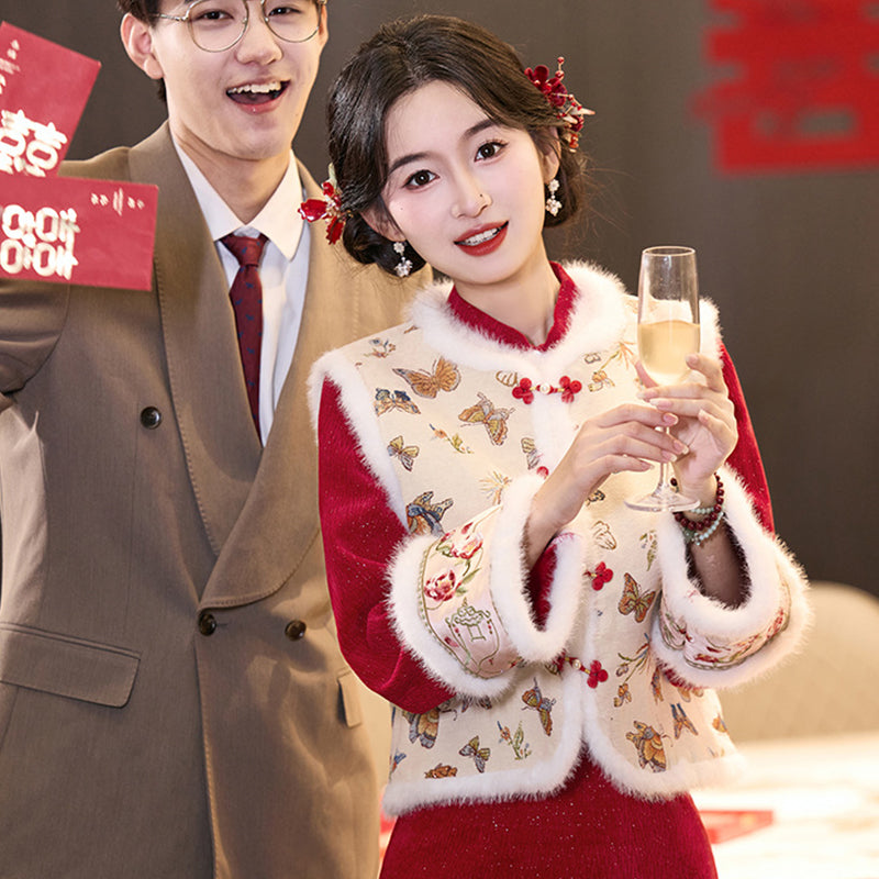 Wedding Qipao Chinese Clothes Qianhua 浅画 Women's Velvet Modern Gown Tea Ceremony Dress Hanfu Cheongsam